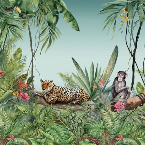 Mural Inkiostro Bianco tropikalne liście egzotyczne zwierzęta INKMSFA1901 SAVAGE