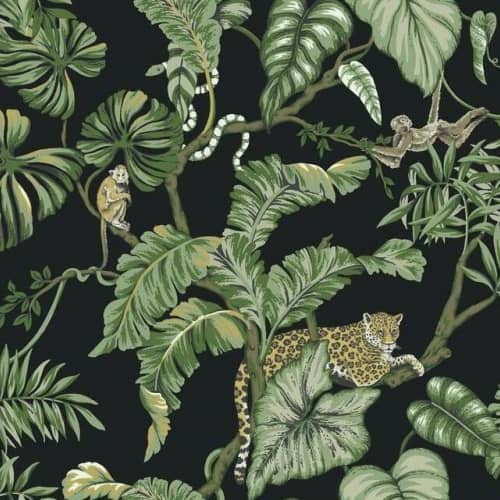 Tapeta tropikalne liście, jaguary, leniwce York Wallcoverings Ronald Redding Traveler HO2143