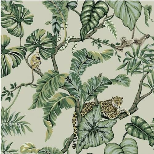 Tapeta tropikalne liście, jaguary, leniwce York Wallcoverings Ronald Redding Traveler HO2144